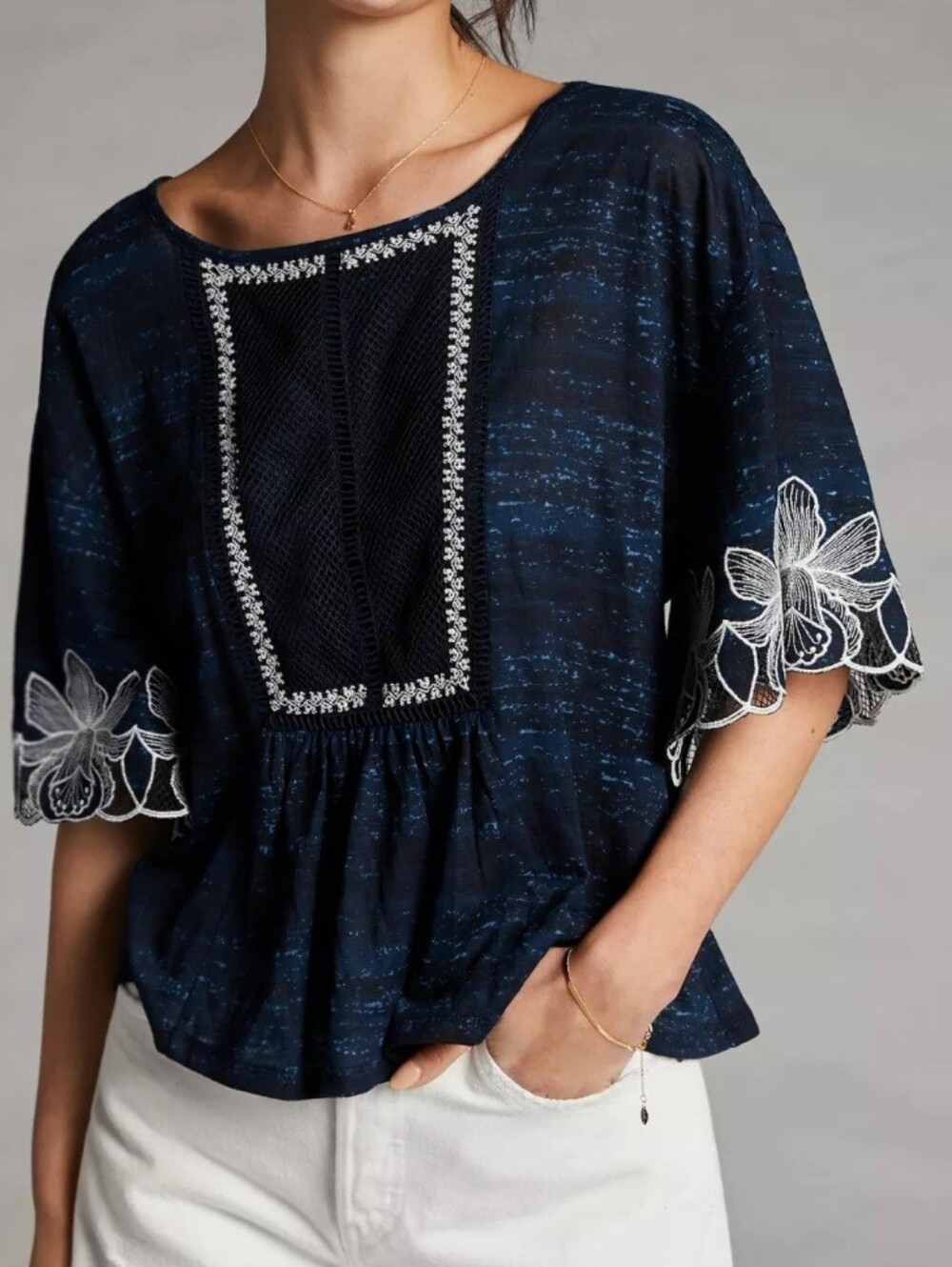 Pilcro Orchid Embroidered Navy Flutter Sleeve Boho Cottagecore Peasant Top XL